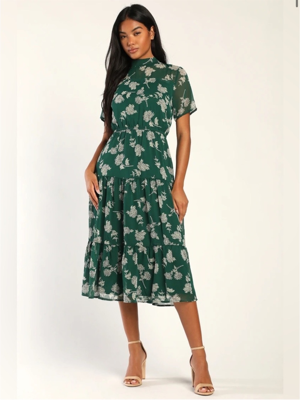 Lulu's Floral Dressed Up Dark Green Floral Print Midi Dress Small